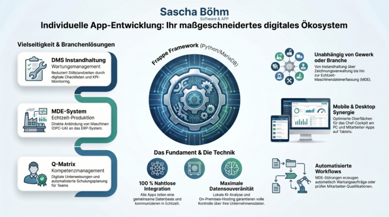 Infografik zur individuellen App-Entwicklung für Unternehmen auf Basis des Frappe Frameworks mit Modulen für DMS Instandhaltung, MDE-System und Q-Matrix von Sascha Böhm Software & APP.