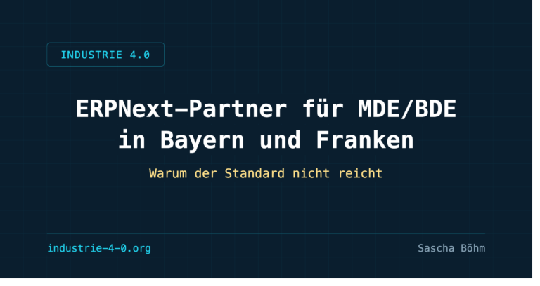 ERPNext-Partner für MDE/BDE in Bayern und Franken – Titelbild im Blueprint-Stil mit dunklem Grid-Hintergrund