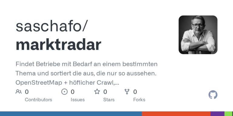 GitHub-Repository Marktradar von saschafo mit Kurzbeschreibung des Werkzeugs.