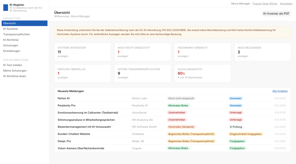 Übersichtsseite des KI-Registers mit Kennzahlen zu eingestuften Systemen, offenen Transparenzpflichten und Schulungsquote sowie einer Liste der neuesten Meldungen.