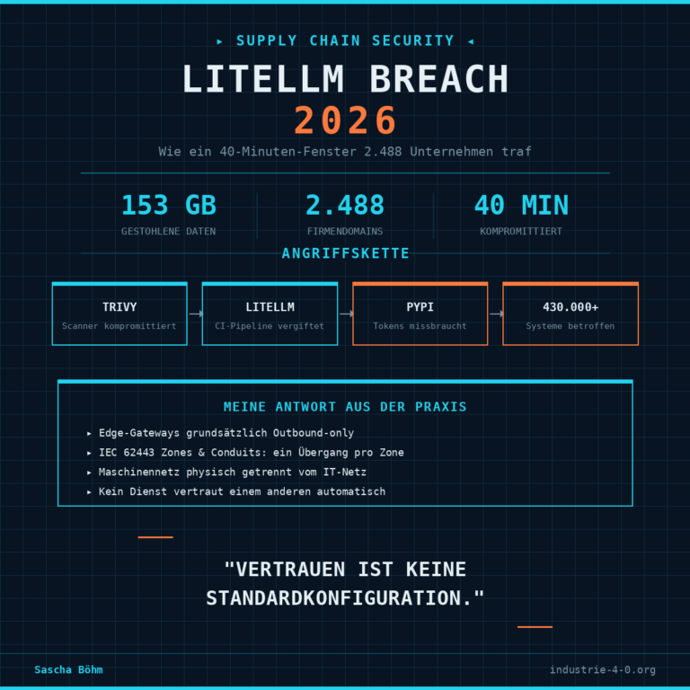 Infografik im Blueprint-Stil zum LiteLLM-Supply-Chain-Breach 2026: Kennzahlen 153 GB gestohlene Daten, 2.488 betroffene Firmendomains, 40 Minuten Kompromittierungsfenster. Darunter eine vierstufige Angriffskette Trivy → LiteLLM → PyPI → 430.000+ Systeme betroffen. Im unteren Bereich vier Praxispunkte zur Absicherung: Edge-Gateways outbound-only, IEC 62443 Zones & Conduits, physische Trennung von Maschinen- und IT-Netz, kein automatisches Vertrauen zwischen Diensten. Abschließendes Zitat: "Vertrauen ist keine Standardkonfiguration.