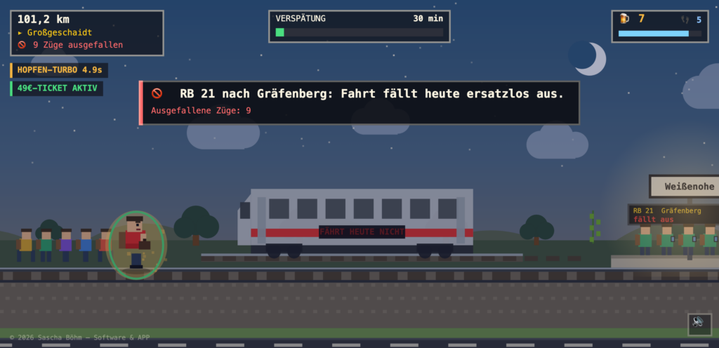 Screenshot des Browserspiels RB 21 nach Gräfenberg: Pixel-Zug bei Nacht, daneben die Anzeige „Fahrt fällt heute ersatzlos aus“