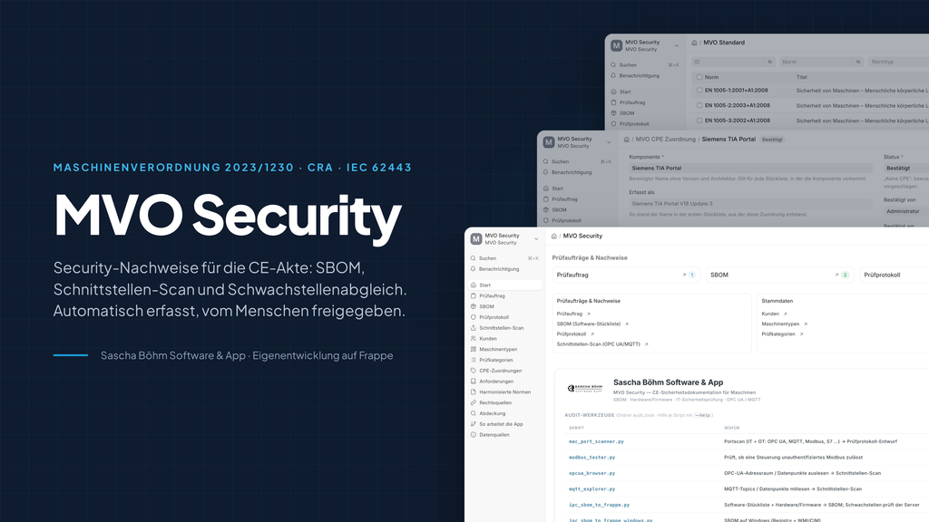 MVO Security – App für Security-Nachweise in der CE-Akte nach Maschinenverordnung 2023/1230, CRA und IEC 62443