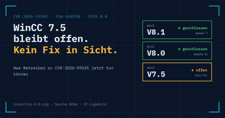 WinCC 7.5 bleibt offen: CVE-2026-59241 in V8.1 und V8.0 geschlossen, für V7.5 kein Fix.